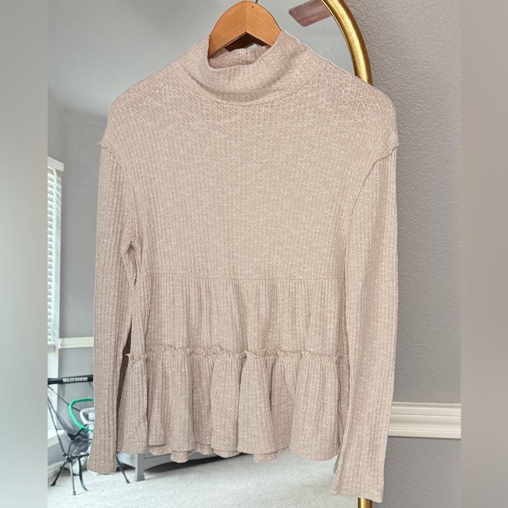 Anthropologie Eri + Ali Waffle Knit Long Sleeve Tiered Cowl Neck Top Blush XS